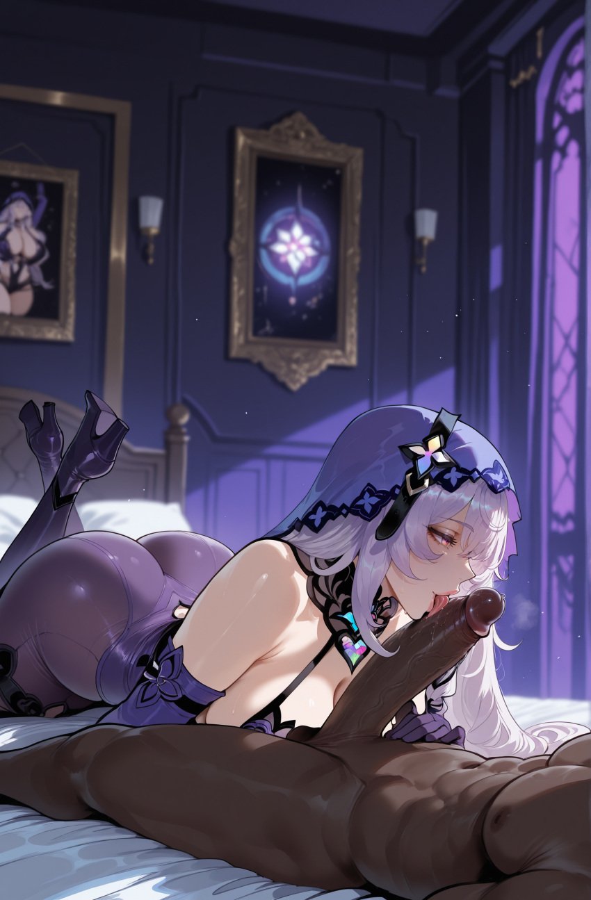 1boy 1girls ai_generated ass balls bangs bare_shoulders bed black_gloves black_legwear black_swan_(honkai:_star_rail) blush boots breasts cleavage clothed_female clothed_female_nude_male clothing curvaceous curvaceous_female curvaceous_figure curvy curvy_female curvy_figure dark-skinned_male dark_skin detached_sleeves dress elbow_gloves erection fellatio female female_focus footwear gloves hair_ornament headwear high_heels honkai:_star_rail hoyoverse indoors interracial large_breasts large_penis legwear licking licking_penis light-skinned_female long_hair lying male miyuai muscular muscular_male nipples nude nude_male on_back on_bed on_stomach oral pantyhose penis pillow purple_eyes purple_hair saliva saliva_trail see-through sex shoes smile solo_focus spread_legs straight testicles thighhighs thighs tongue tongue_out underwear veil veins veiny_penis very_long_hair voluptuous voluptuous_female