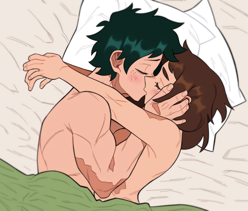 1boy 1girls absurd_res after_sex bed blush blush_lines brown_hair canon_couple closed_eyes color cuddling cute female green_hair highres holding_head hugging in_bed izuku_midoriya kiss kissing male messy_hair my_hero_academia naked ochako_uraraka passionate_kiss pillow romantic romantic_couple scars voidloop wholesome