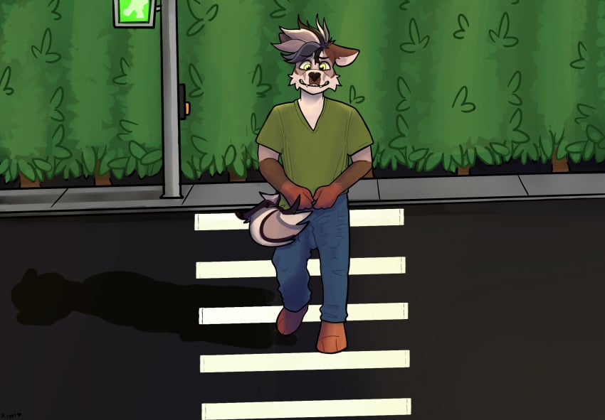 anthro clothing crosswalk embarrased_horny embarrassed erection erection_under_clothing hi_res humiliation hyena kiwiscribbles male mammal public public_erection public_humiliation sidewalk solo