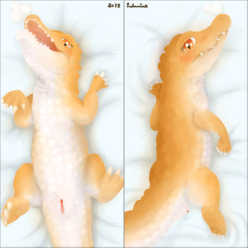 absurd_res bed belly crocodilian embermint female feral front_view furniture hi_res on_bed open_mouth presenting rear_view reptile scalie solo