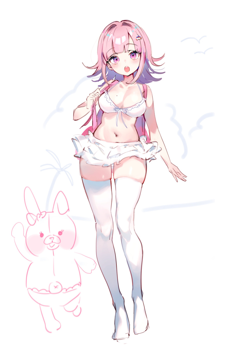 :o cute danganronpa danganronpa_2:_goodbye_despair danganronpa_3 full_body large_breasts mole_on_breast monomi_(danganronpa) nanami_chiaki navel skirt sleeveless_jacket swimsuit white_thighhighs