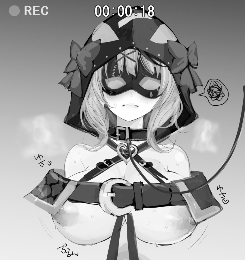 1girls big_breasts breasts breasts_out clothing collar crying defeated eyewear female hololive hololive_japan holox hoodie leash mask nf4_(yukaitakeshi) nipples recording sakamata_chloe solo tears virtual_youtuber