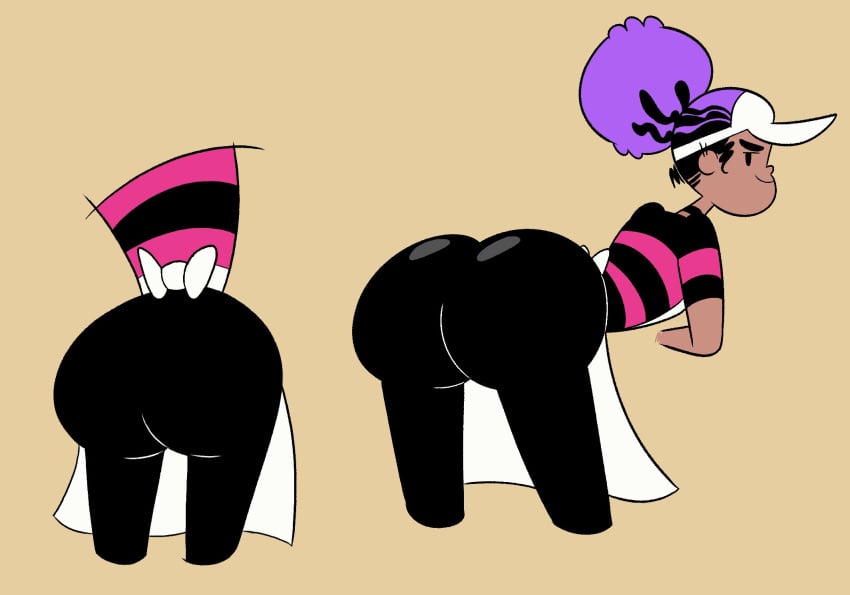 2d apron ass_focus bent_over black_pants bubble_butt jo_(kid_cosmic) kid_cosmic_(series) netflix oboithisisfunky purple_hair smug_face striped_shirt visor_cap