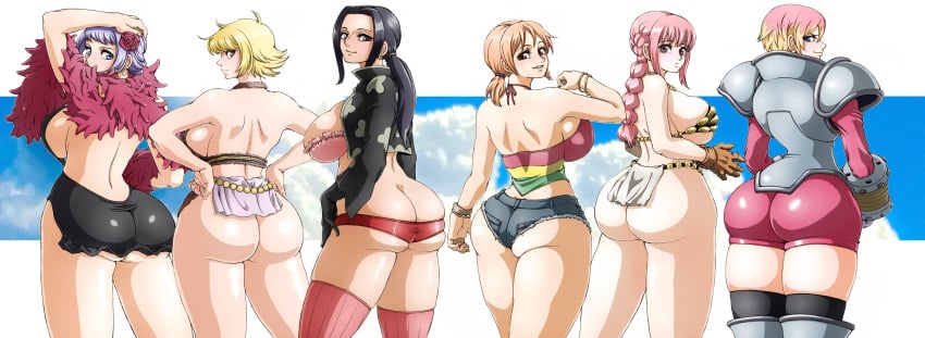 6girls anime ass back_view big_ass big_breasts carina_(one_piece) female female_only guarana_(one_piece) long_hair marguerite nami nico_robin one_piece post-timeskip pre-timeskip rebecca_(one_piece) tight_clothing visible_ass wrato