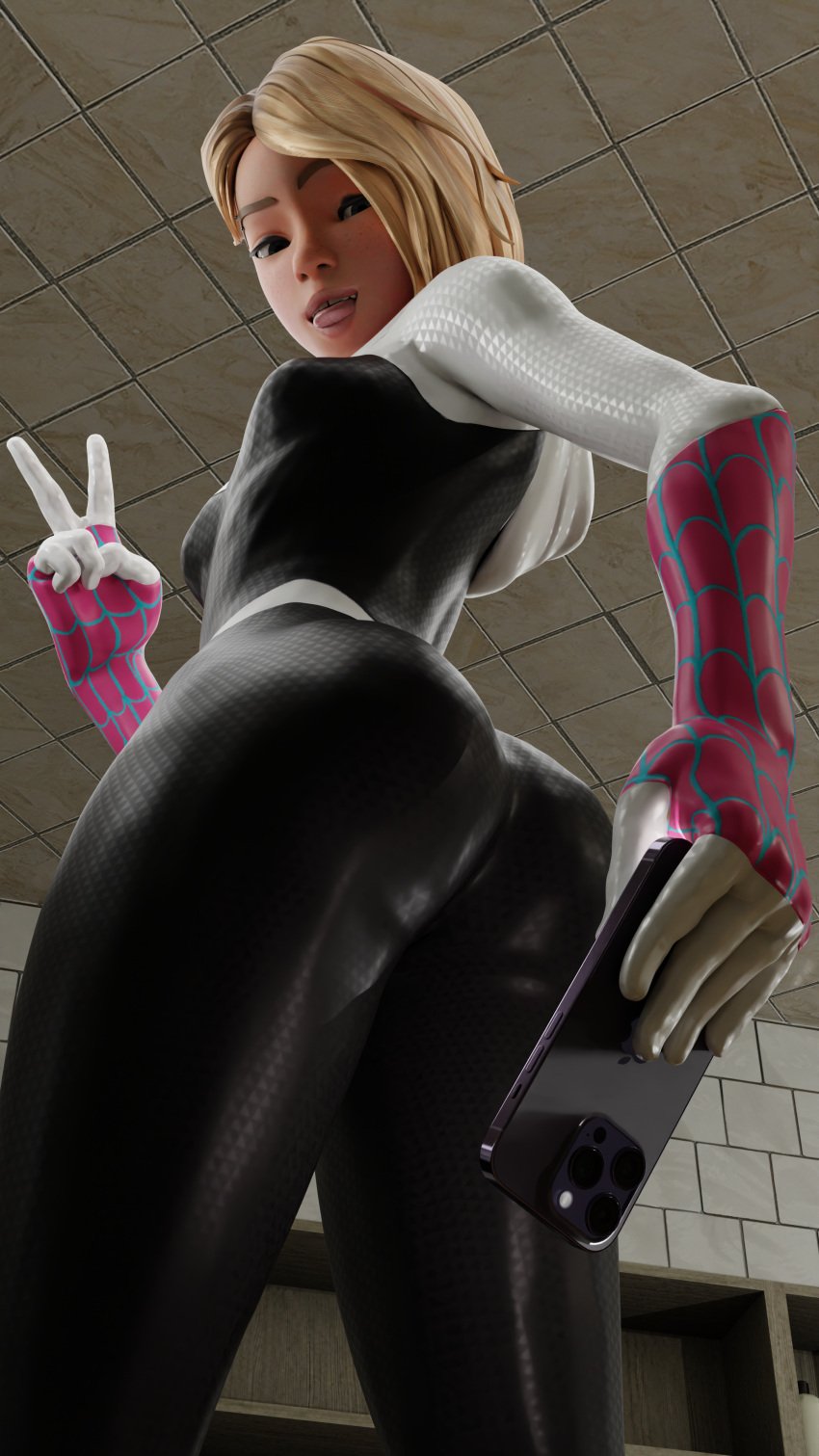 1girls 3d ass ass_focus big_ass big_butt blonde_female blonde_hair female female_focus female_only from_below gwen_stacy gwen_stacy_(spider-verse) huge_ass huge_balls marvel marvel_comics moxx3d peace_sign phone skin_tight spider-gwen spider-man:_across_the_spider-verse spider-man:_into_the_spider-verse spider-man_(series) thick_ass thick_thighs tongue_out