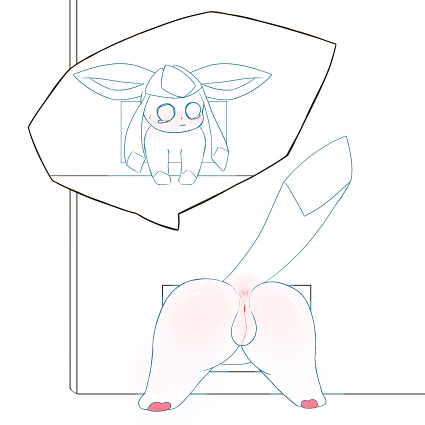 anus blush bmq bodily_fluids eeveelution female feral generation_4_pokemon genitals glaceon hi_res innie_pussy nintendo plump_labia pokemon pokemon_(species) pussy slightly_chubby solo stuck tears through_wall