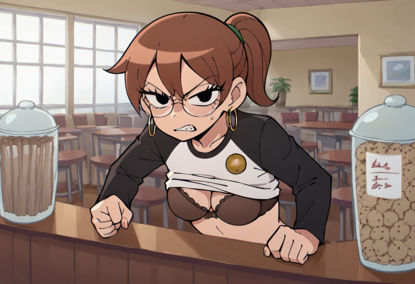 ai_generated angry angry_face bigmic145 bra breasts brown_hair cleavage clenched_fist clothed clothed_female clothing female female_only glasses hoop_earrings julie_powers looking_at_viewer ponytail scott_pilgrim scott_pilgrim_takes_off solo_female