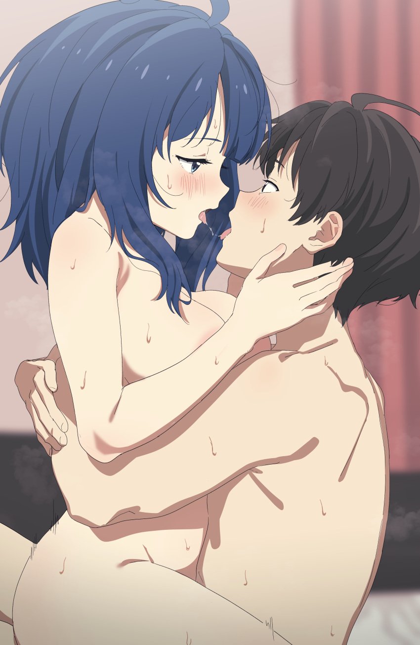 1boy 1girls absurdres after_kiss blue_eyes blue_hair blurry blurry_background breasts commentary_request completely_nude couple eye_contact female happy_sex highres indoors kissing kissing_while_penetrated large_breasts looking_at_another make_heroine_ga_oo_sugiru! motion_lines nude nukumizu_kazuhiko saliva saliva_trail sex sincos straight sweat tongue tongue_out vaginal_penetration yanami_anna