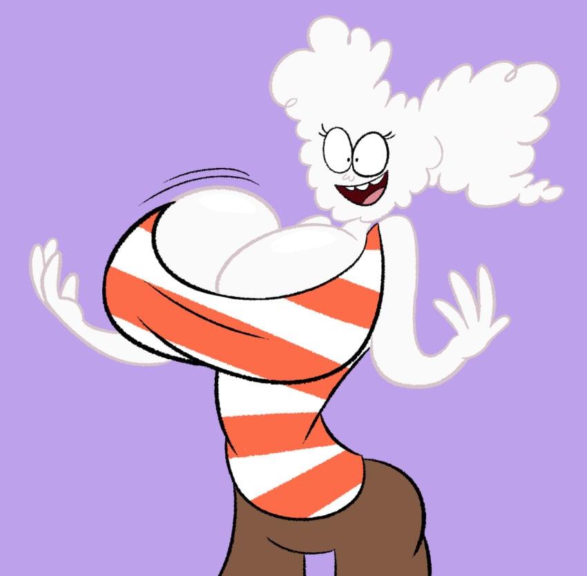 2d air_creature air_humanoid breasts_bigger_than_head brown_pants cartoon_network cleavage cloud cloud_creature cloud_humanoid cloudy_jay female jiggling_breasts massive_breasts oboithisisfunky regular_show smile striped_tank_top white_hair