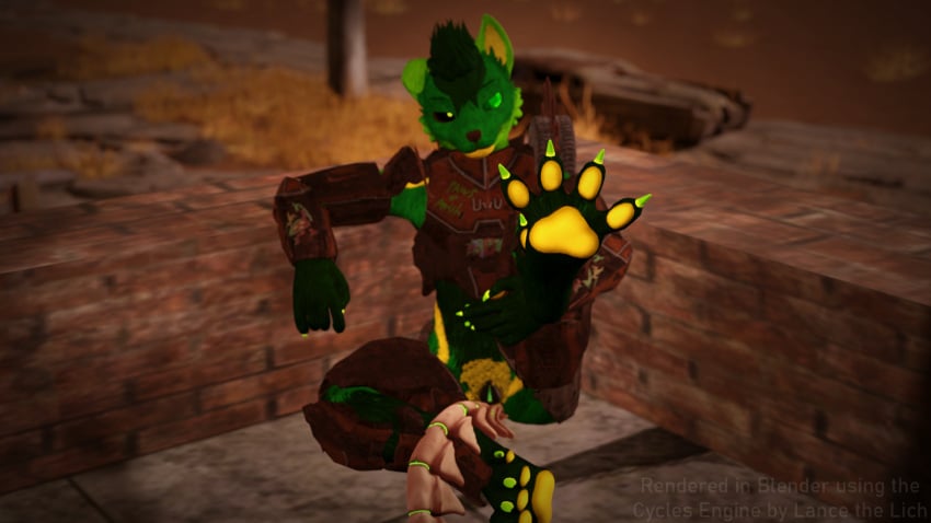 andromorph anthro armor belly_nipples blender_cycles bone_tail canid canine canis claws clothing cuntboy feet fur genitals green_body green_fur hairy_pussy hi_res intersex lance_barrowpaw lance_the_lich lich male mammal pawpads paws pubes pussy skeletal_tail solo tail toe_claws toes undead wolf