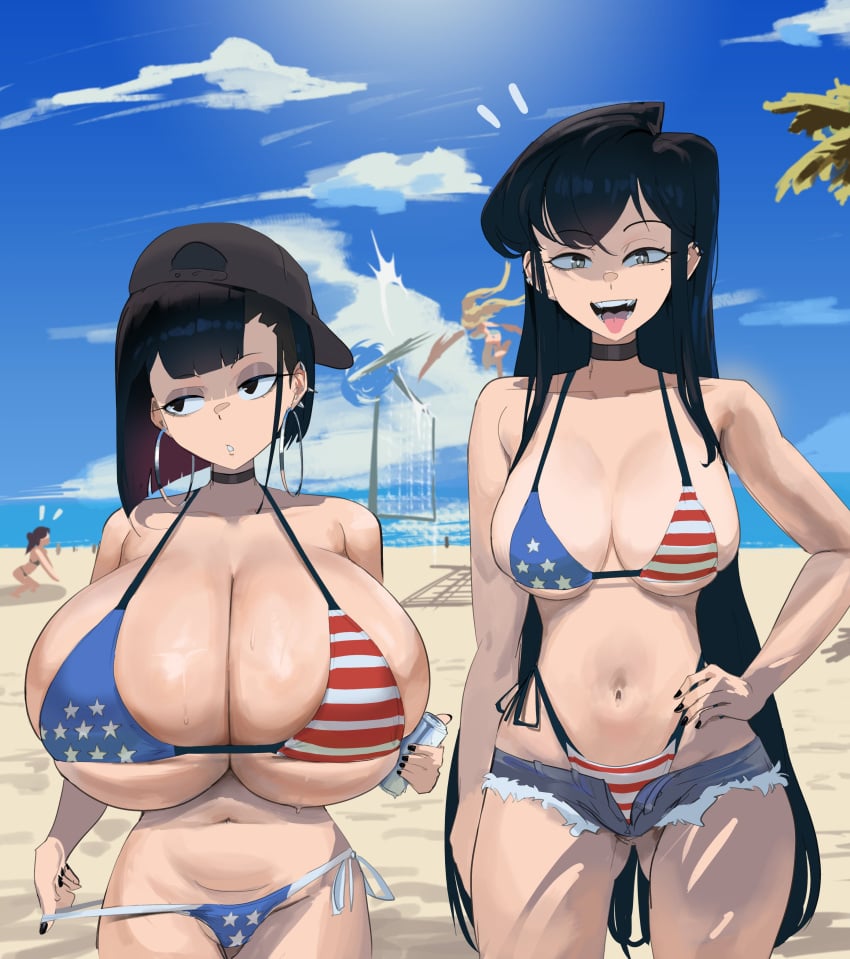 2girls absurdres american_flag american_flag_bikini american_flag_print asymmetrical_bangs asymmetrical_hair backwards_hat baseball_cap beach belly bikini bikini_bottom_pull black_choker black_hair black_nails booruguru breasts can choker cleavage cowboy_shot denim denim_shorts drink_can ear_piercing earrings eyeshadow fingernails flag_print gigantic_breasts gluteal_fold goth_(booruguru) green_eyes grey_eyeshadow hand_on_own_hip hat highres hoop_earrings hoop_earrings_oversized huge_breasts jewelry komi-san_wa_komyushou_desu komi_shouko large_breasts long_hair looking_at_viewer makeup micro_bikini multiple_girls nail_polish navel ocean open_fly open_mouth original out_of_character piercing print_bikini pulling_own_clothes short_shorts shorts shortstack side-tie_bikini_bottom sleaze_(booruguru) soda_can sweat swimsuit teeth tongue tongue_out top_heavy underboob very_long_hair