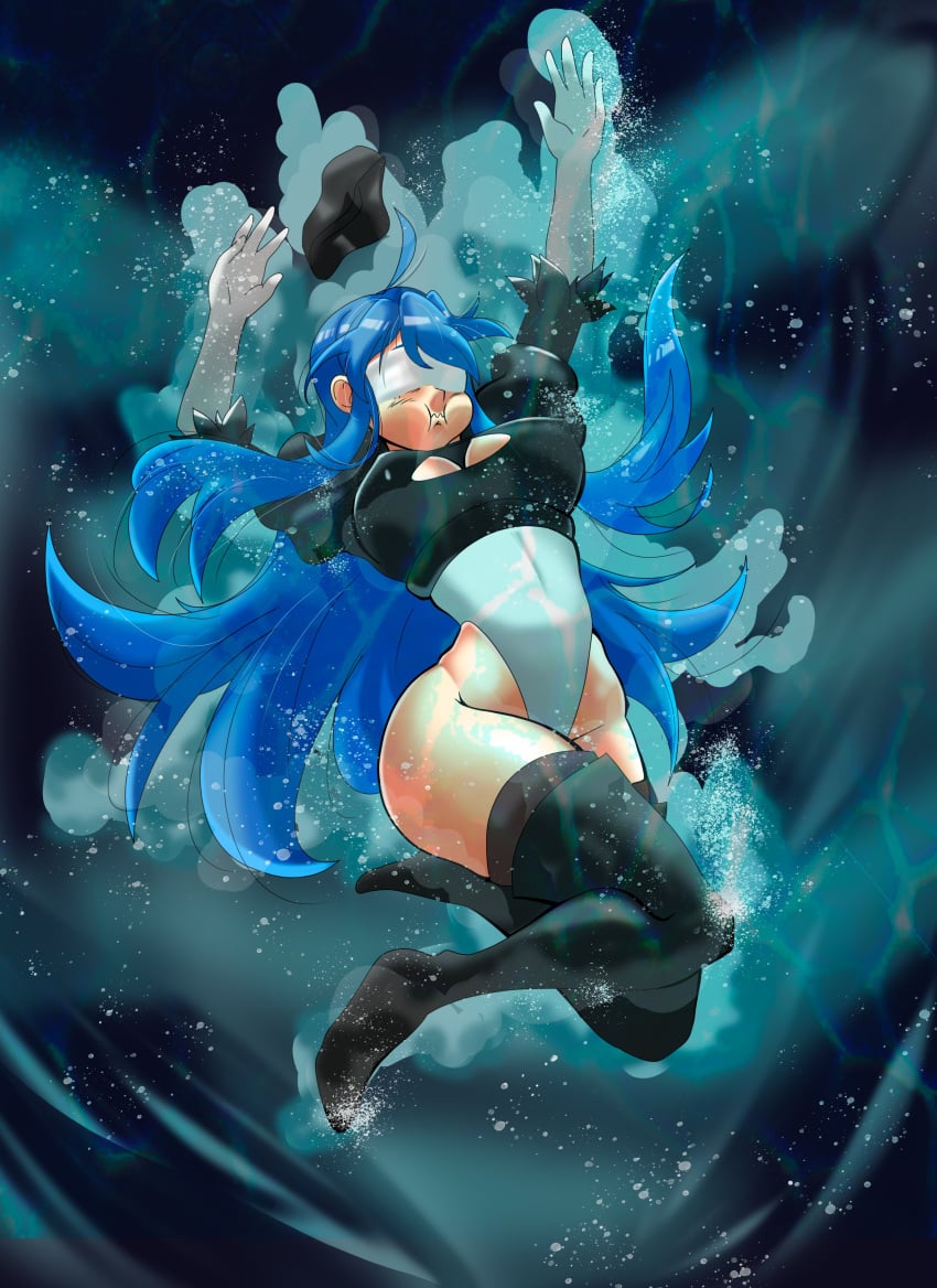 1girls about_to_drown alternate_costume asphyxiation black_dress blindfold blindfolded blue_hair commission cosplay drowning female female_only fire_emblem fire_emblem:_the_binding_blade gloves hat large_breasts legwear leotard lilina_(fire_emblem) long_hair nier:_automata nintendo peril puffy_cheeks solo thighhighs underwater vicdezart water white_leotard yorha_2b_(cosplay)