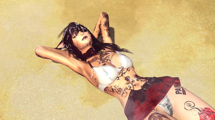 3d bikini_top clothed cum cum_on_body cum_on_breasts cum_on_clothes cum_on_face cum_on_hair cum_on_stomach final_fantasy final_fantasy_xiv gpose(ffxiv) idakiaria kiaria_ida laying_down laying_on_back laying_on_sand miqo'te panties short_skirt skirt tagme wet_panties wet_pussy