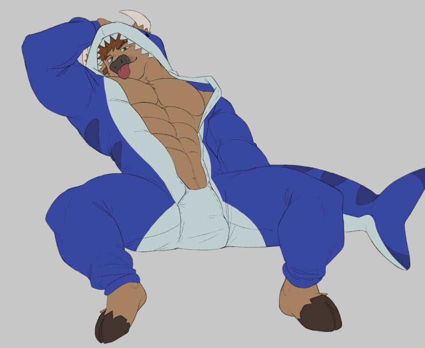 abs anthro bulge commission furry hooves horns male male_only muscular muscular_male onesie pajamas pecs shark_hood shark_tail snout tongue tongue_out toro_artz