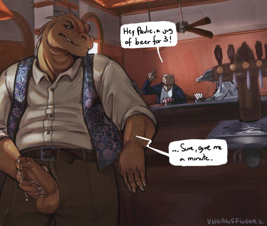 5_fingers anthro artist_name balls belt blacksad bodily_fluids bottomwear card ceiling_fan clothed clothing english_text erection fingers foreskin genital_fluids genitals glans group hand_on_penis hi_res holding_card humanoid_genitalia humanoid_penis iguanid inside lizard looking_at_genitalia looking_at_penis looking_down male male_only masturbation orange_body orange_penis orange_scales pants partially_clothed partially_retracted_foreskin paulie_(blacksad) penile penile_masturbation penis penis_through_fly playing_card poking_out precum precum_on_hand precum_on_penis reptile scales scalie signature speech_bubble stealth_masturbation text topwear vhkansfweer