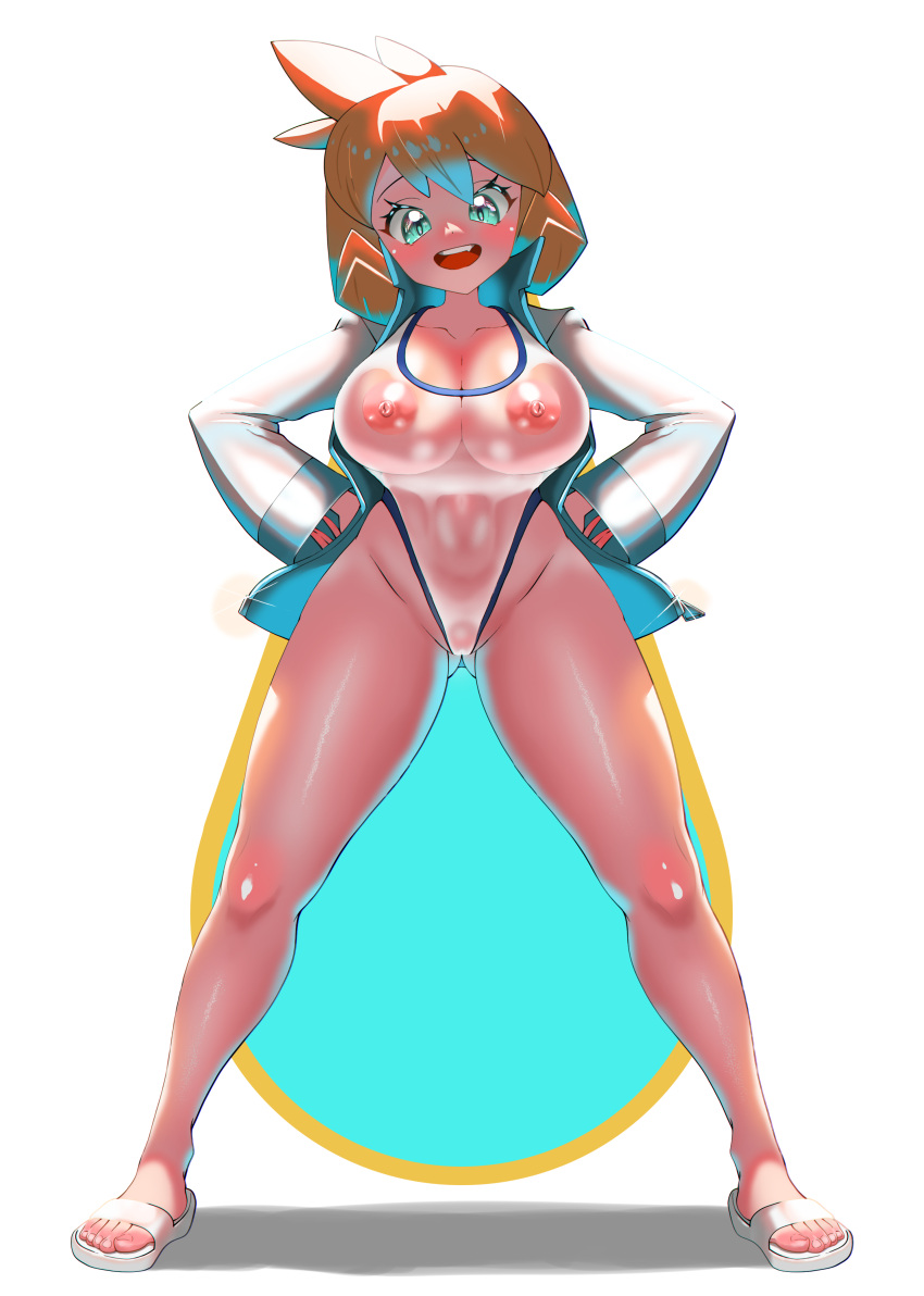 absurdres alternate_breast_size aqua_eyes asymmetrical_hair bare_legs blue_jacket blush breasts cameltoe competition_swimsuit covered_erect_nipples covered_navel creatures_(company) curvy eyelashes feet female female_focus full_body game_freak gen_1_pokemon gen_2_pokemon green_eyes groin gym_leader highleg highleg_one-piece_swimsuit highres jacket kasumi_(pokemon) kasumi_(pokemon) large_breasts legs long_sleeves looking_at_viewer misty_(pokemon_hgss) navel nintendo nipples one-piece_swimsuit open_clothes open_jacket orange_hair pokemon pokemon_hgss ponytail pussy raida_(fmuc5473) sandals shiny_skin short_hair simple_background smile solo sportswear standing swimsuit swimsuit_under_clothes thick_thighs thighs toes track_jacket white_background white_jacket white_one-piece_swimsuit wide_hips