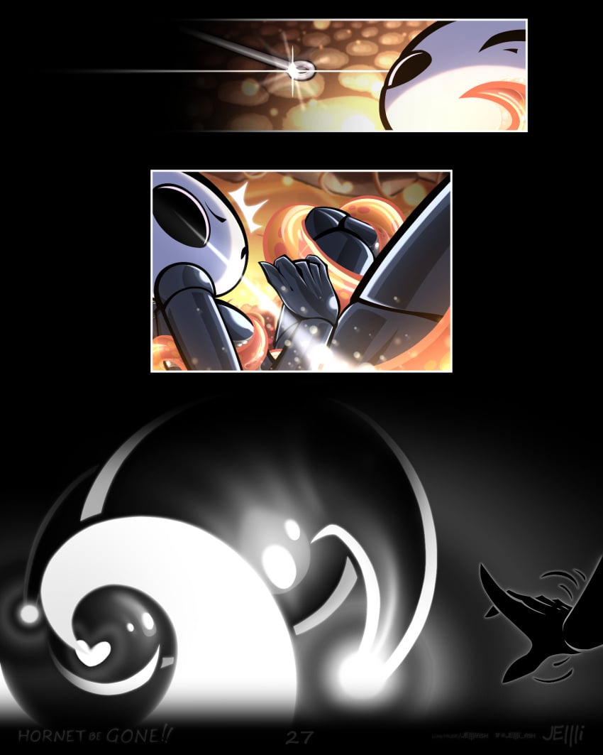 2024 5_fingers arthropod artist_name black_body black_eyes black_hands comic comic_page digital_media_(artwork) english_text eyebrows female fingers flat_chested heart_symbol hi_res hollow_knight hornet_(hollow_knight) hornet_be_gone internal jellli looking_at_object looking_at_weapon motion_lines nude orange_tentacles page_27 page_number reaching team_cherry tentacle tentacle_around_leg text the_infection_(hollow_knight) weapon white_head