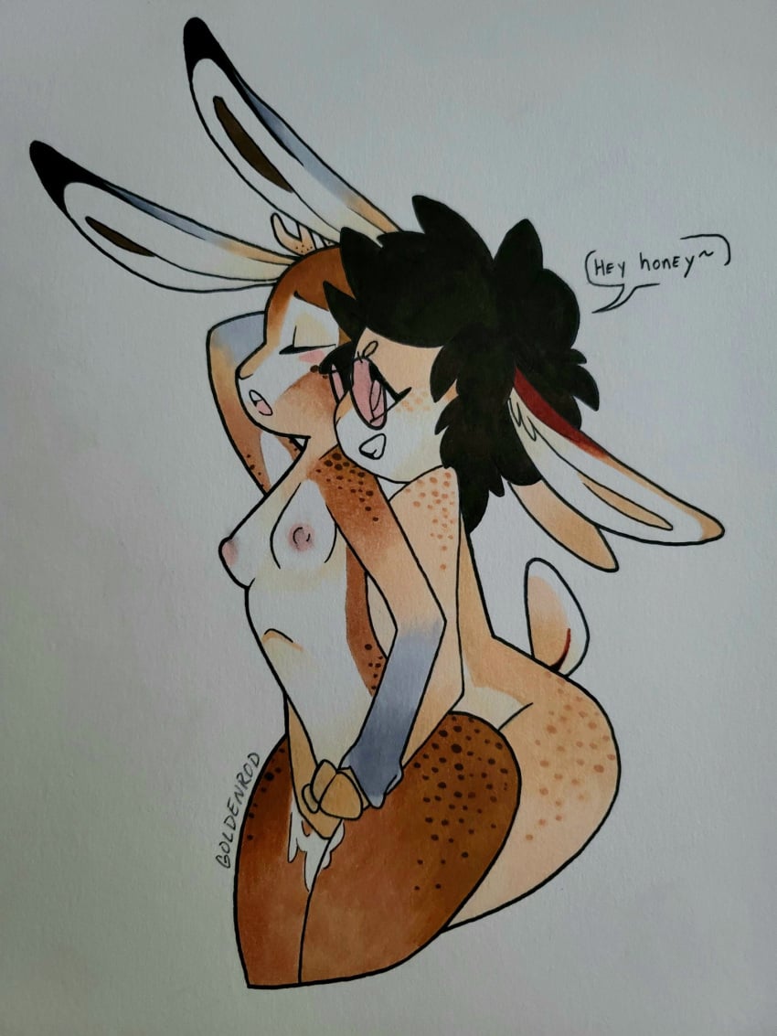 3:4 anthro antlers aubrey_(aubreybun) aubreybun black_hair blush breasts brown_body brown_fur dialogue duo eyewear facial_markings female female/female fingering fingering_partner fluffy fluffy_tail fur glasses gloves_(marking) hair hand_on_head head_markings hi_res horn jackalope lagomorph leporid long_ears mammal markings mask_(marking) nipples nude one_eye_closed rabbit scut_tail sex short_tail small_breasts spots tan_body tan_fur