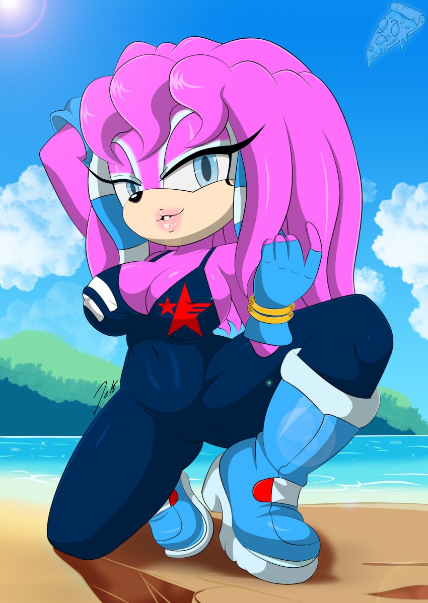 beach big_breasts blue_boots blue_eyes blue_gloves boots cleavage echidna fan_character mobian_(species) myspookypizza oc pink_fur pink_hair pink_lips sky_the_echidna sonic_(series) sonic_oc sonic_the_hedgehog_(series)