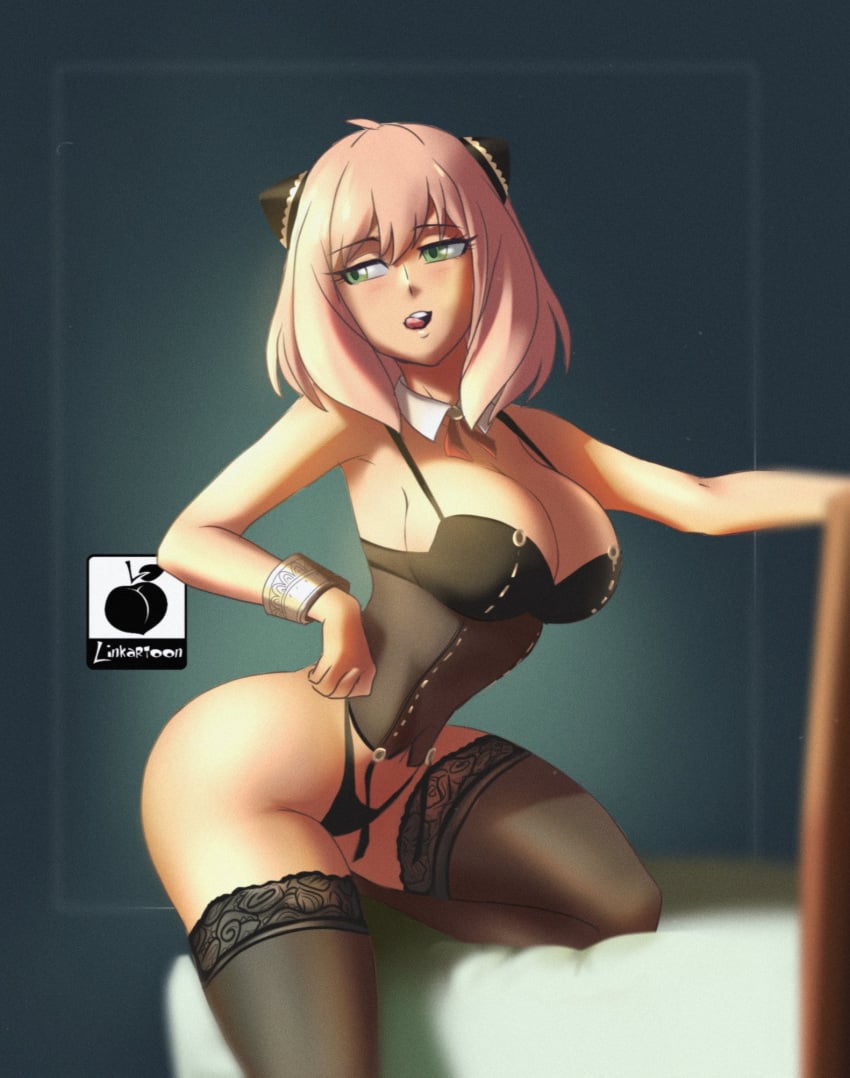 1girls adult aged_up anya_forger artist_logo artist_name big_breasts black_dress cat_ears clothed dress female female_only green_eyes grown_up human licking linkartoon no_visible_genitalia panties pink_hair solo spy_x_family teasing thight_clothing tongue tongue_out