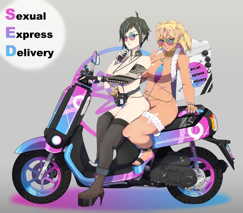 2girls axezon big_breasts black_hair blonde_hair dark-skinned_female dark_skin delivery_employee female female_only gyaru heels hi_res high_heels kaya_(axezon) large_breasts light-skinned_female lingerie moped original pinky_(axezon) prostitute prostitution scooter teenager