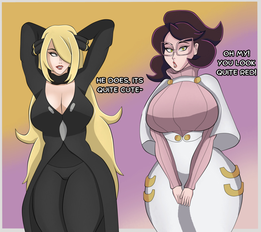 2girls big_breasts big_breasts blonde_hair blueartfiend breasts breasts busty cynthia_(pokemon) female large_boobs large_breasts older_female pokemon wicke_(pokemon)