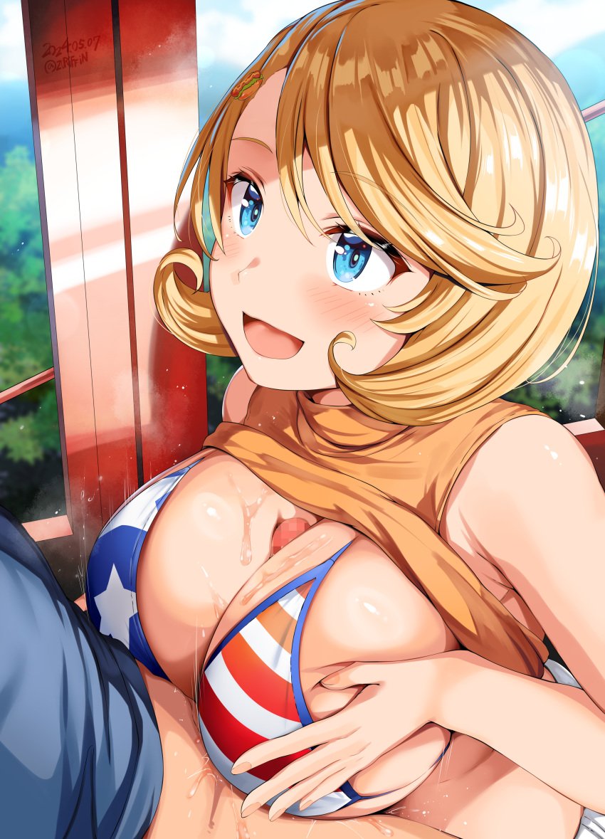 1boy 1girls absurd_res american_flag_bikini belko big_breasts bikini bikini_top blonde_bikini-san_(belko) blonde_female blonde_hair blue_eyes blush blush_lines breasts censored censored_penis dated eyebrows eyebrows_visible_through_hair female female_focus food_themed_hair_ornament hair hair_ornament hi_res light-skinned_female light-skinned_male light_skin mosaic_censoring open_mouth open_mouth_smile original original_character paizuri paizuri_lead_by_female paizuri_under_bikini penis penis_peek shirt shirt_up short_hair sweat window