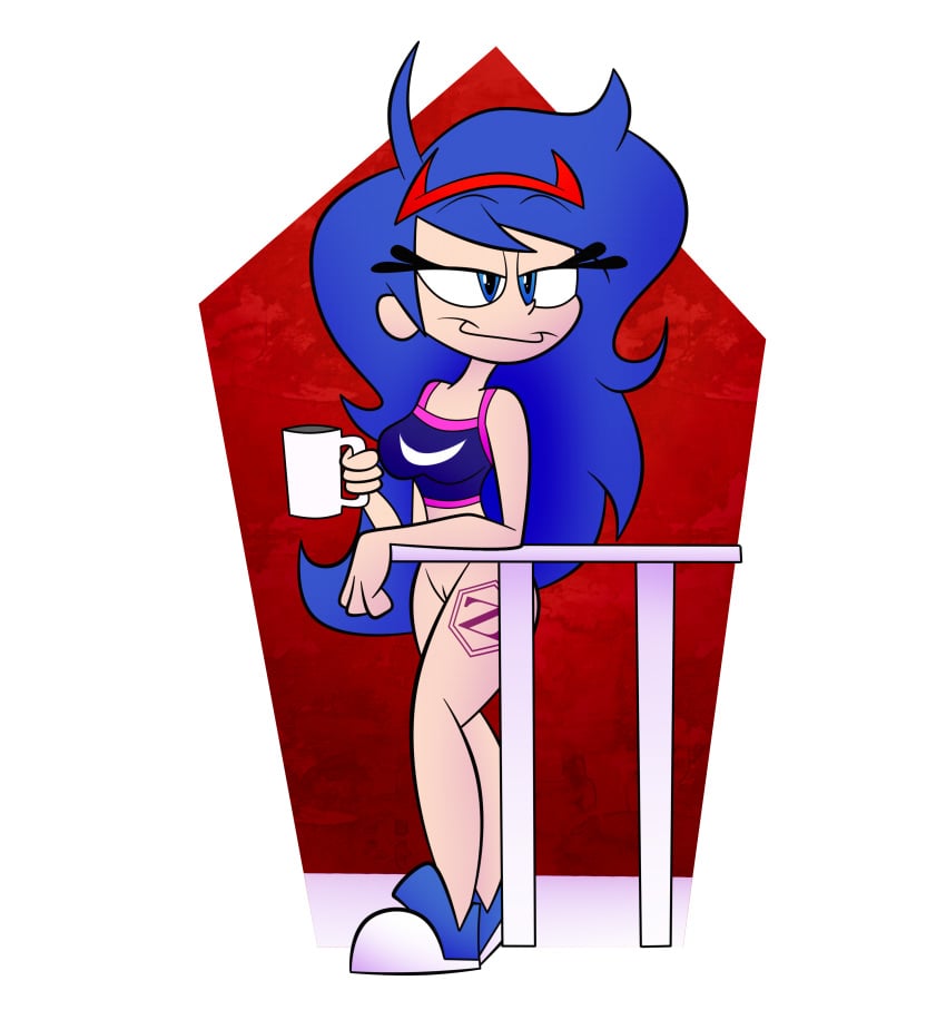 arcee_(oc_character) bottomless bottomless_female coffee coffee_cup commission commission_art headband oc_character smirking sports_bra sports_shoes sports_uniform zarnacius