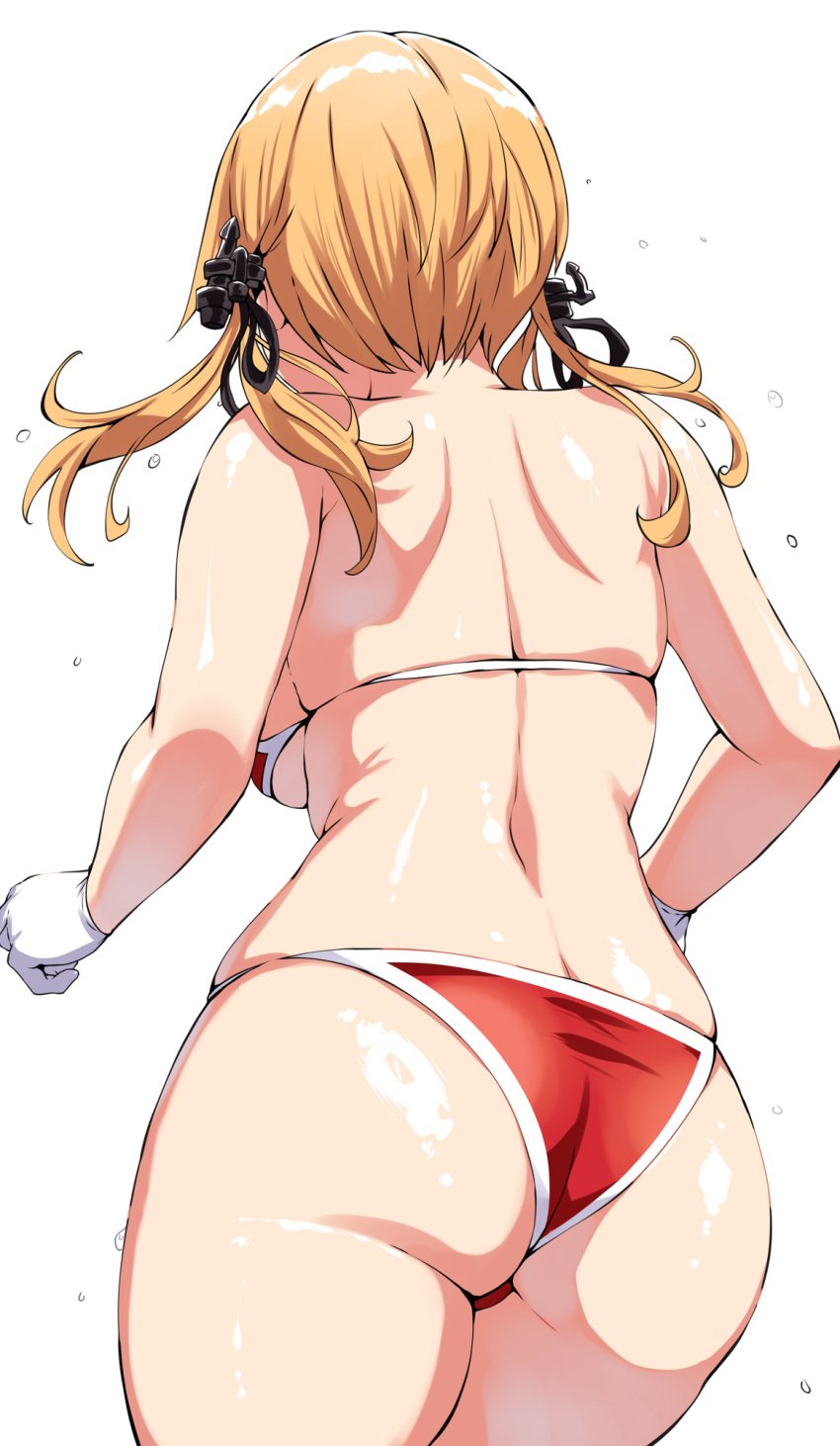 1girls ass back backboob belko bikini blonde_hair breasts from_behind gloves hi_res huge_ass kantai_collection large_breasts prinz_eugen_(kantai_collection) red_bikini short_twintails shoulder_blades simple_background skindentation swimsuit thighs twintails white_background white_gloves