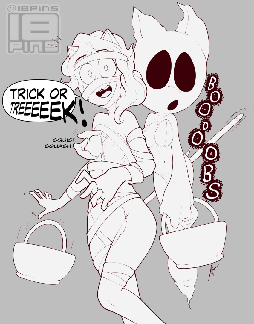 18pins 2girls breast_grab breasts clothed clothing dialogue duo female female_only ghost halloween human humanoid monochrome mostly_nude mummy partially_clothed phasing surprised text