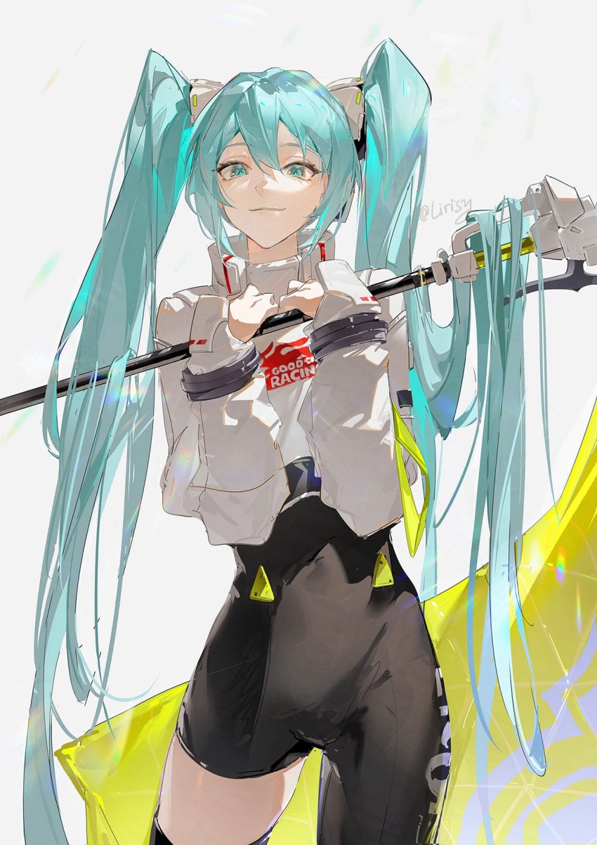 hatsune_miku holding_object long_hair long_sleeves looking_at_viewer not_porn racing_miku safe safe_for_work sfw tight_pants twintails uneven_legwear xuaninin