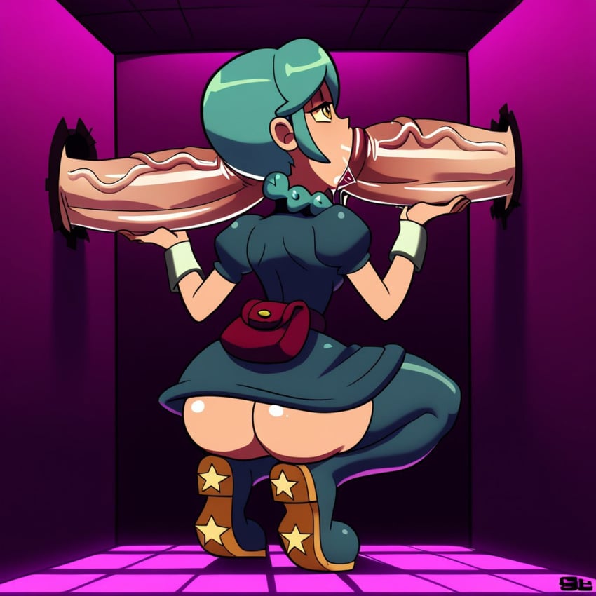 aged_up ai_generated annie_(skullgirls) curvy glory_hole massive_penis petite_body skullgirls veiny_penis