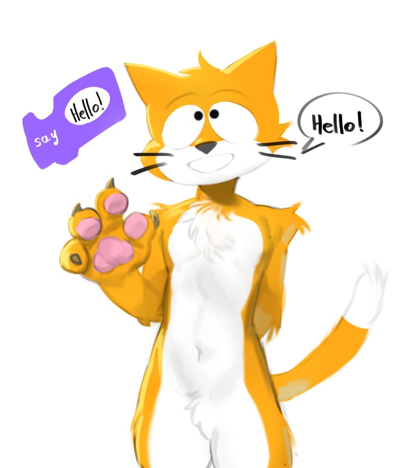 1boy 2024 catboy domestic_cat english_text felid feline feline fur greeting hi_res kogito male_only orange_fur pawpads paws scratch_(application) scratch_cat simple_background slim solo solo_male standing text toony white_background white_fur