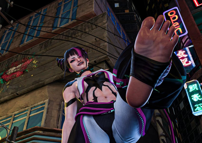 3d asian_female below_view capcom city feet female female_focus female_only foot_fetish foot_focus human human_only juri_han light-skinned_female light_skin moai_studio night smile solo solo_female street_fighter street_fighter_6 sweat