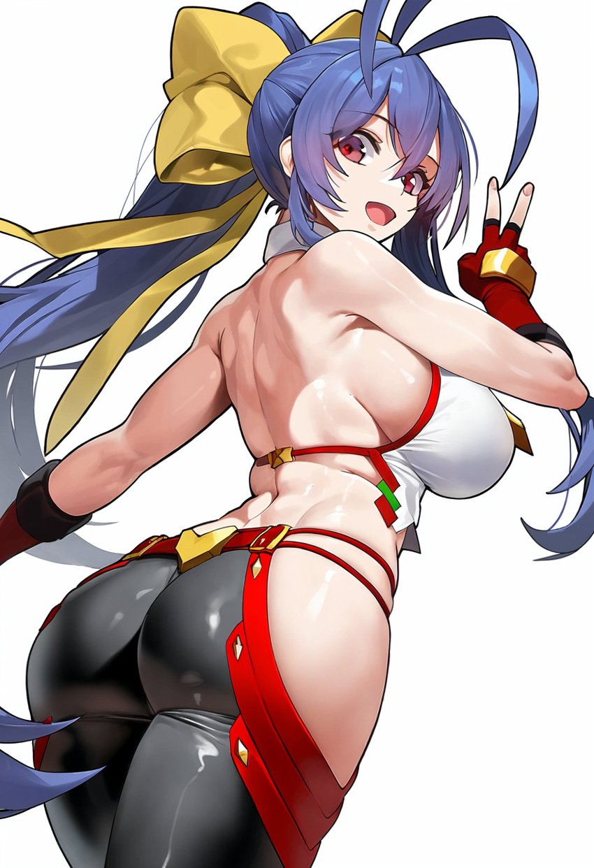 ai_generated antenna_hair ass bare_shoulders big_breasts blazblue:_central_fiction blue_hair blush breasts female fingerless_gloves from_behind gloves hair_ribbon hairbow large_breasts long_hair looking_at_viewer looking_back mai_natsume open_mouth pants ponytail purple_eyes shiny shiny_clothes shiny_hair shiny_skin sideboob smile solo very_long_hair