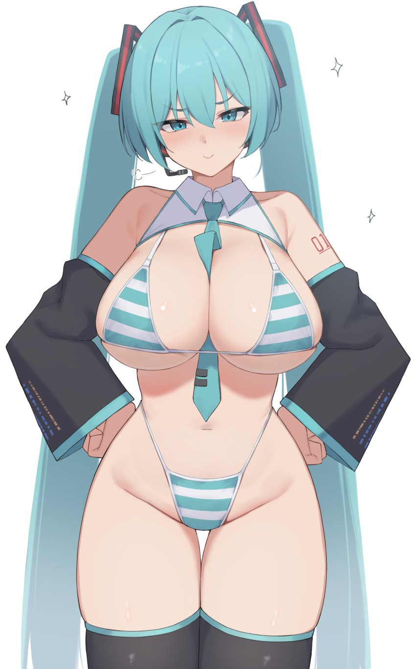 aqua_eyes aqua_hair big_breasts breasts cleavage closed_mouth cowboy_shot detached_collar detached_sleeves female hair_between_eyes hands_on_own_hips hatsune_miku hatsune_miku_(collared_bikini) highres large_breasts long_hair looking_at_viewer navel sidelocks simple_background smile solo sparkle stomach striped_bikini swimsuit twintails vocaloid wabimochi white_background