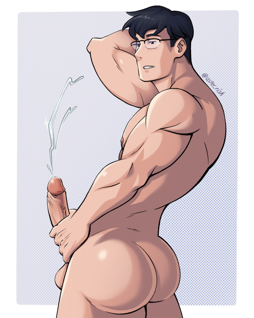 a_lovely_pair_of_shapely_buttocks aster_risk cum dark_hair gay glasses jerking jerking_off jerkingoff masturbation muscular plump_ass plump_butt tagme yaoi