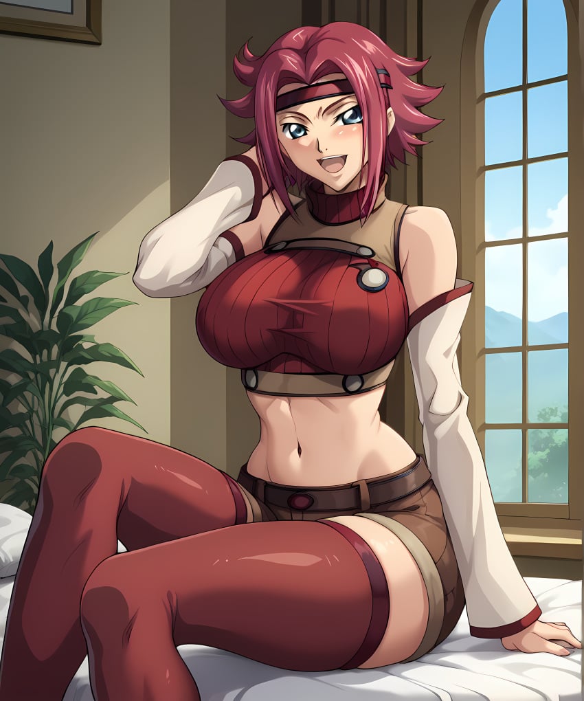 ai_generated bed bedroom belt big_ass big_breasts big_butt big_thighs brown_shorts brown_topwear clothed clothing code_geass curvy curvy_figure female female_focus female_only hairband hand_on_bed hands_behind_head kallen_stadtfeld long_legs midriff midriff_baring_shirt midriff_peek midriff_showing midriff_top pillow pillows plant red_hair red_thighhighs red_topwear retair18 sexy_armpits short_hair shorts sleeves sleeves_past_wrists smile smiling smiling_at_viewer spiky_hair stomach thighhighs thighs toned toned_body toned_female toned_stomach topwear turtleneck white_sleeves wide_hips wide_thighs window