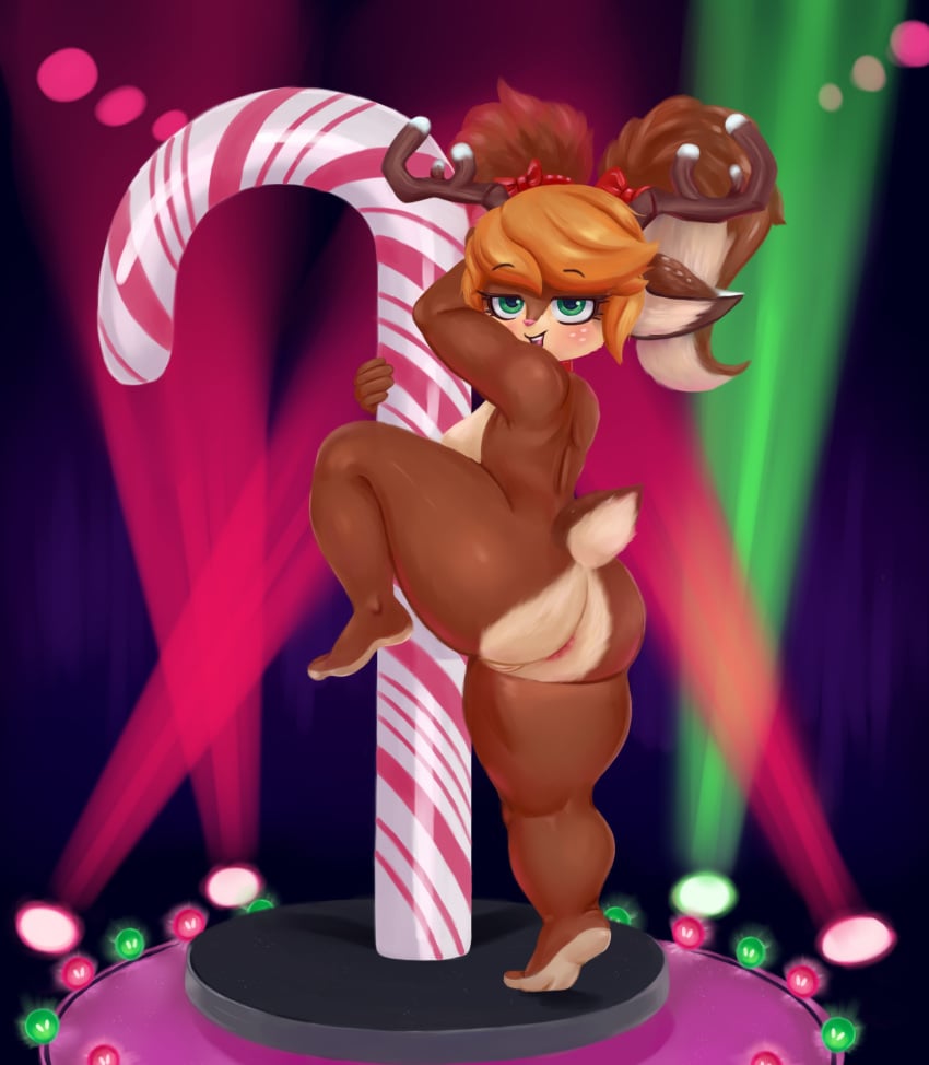 2021 absurd_res accessory anthro antlers anus ass big_anus big_breasts big_butt blonde_hair blush breasts brown_body brown_fur candy candy_cane cervid cervine dancing dessert eyebrows female food fur furry furry_only genitals grabbing_pole green_eyes hair hair_accessory hair_ribbon hairbow hand_behind_head hi_res hiked_leg horn league_of_legends looking_at_viewer mammal naked nebssik nude pink_anus pink_pussy pole pole_dancing pussy raised_eyebrows raised_leg ribbons riot_games shortstack snow_fawn_poppy snowdown_series solo spot_lights standing stripper_pole tail thick_thighs video_games wide_hips wide_thighs winter_wonderland_series