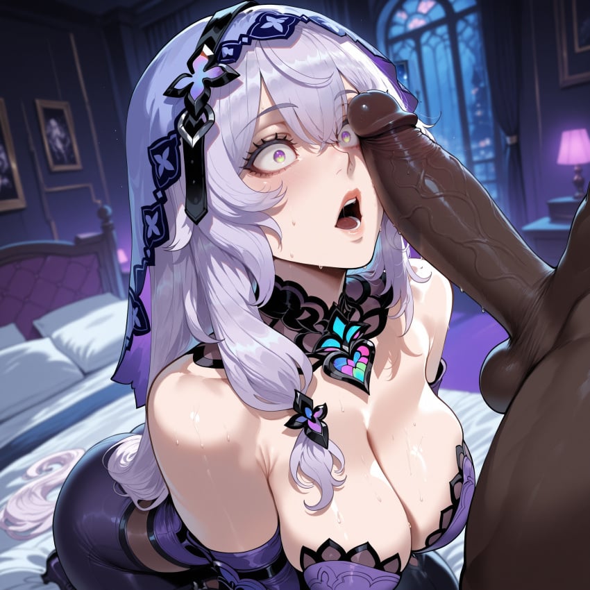 1boy 1girls ai_generated balls bangs bare_shoulders bed black_gloves black_swan_(honkai:_star_rail) blush breasts cleavage clothing curvaceous curvaceous_female curvaceous_figure curvy curvy_figure dark-skinned_male dark_skin detached_sleeves dress elbow_gloves erection female female_focus flower gloves grey_hair hair_ornament hairband headwear heart heart-shaped_pupils honkai:_star_rail hoyoverse huge_breasts huge_cock imminent_fellatio indoors interracial jewelry kneeling lamp large_breasts large_penis long_hair looking_at_penis male miyuai nipples nude on_bed open_mouth penis penis_awe penis_on_face pillow purple_dress purple_eyes purple_hair saliva solo_focus straight sweat symbol-shaped_pupils testicles veil veins veiny_penis very_long_hair voluptuous voluptuous_female wide-eyed window