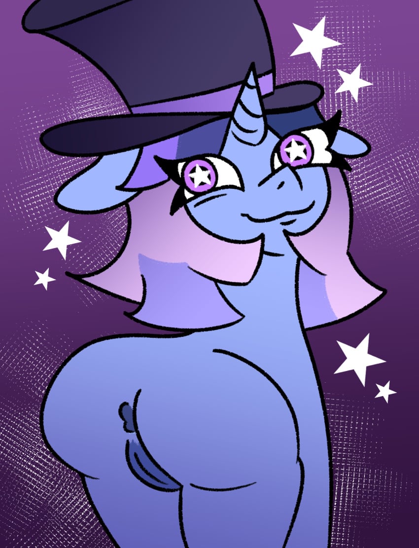 anus ass blue_body eyelashes eyes_over_hair female_only flawless_sparklemoon furry hat long_hair looking_at_viewer multicolored_hair my_little_pony my_little_pony_friendship_is_magic no_sex no_tail pony purple_eyes smiling smiling_at_viewer solo_female solo_focus standing star_eyes tamers top_hat unicorn unicorn_horn unique_eyes vagina vanveleca