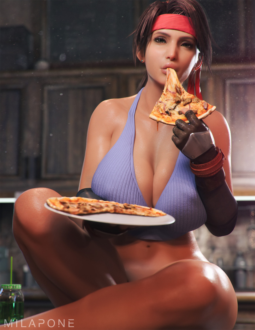 3d abs ass big_ass big_breasts breasts busty eating final_fantasy final_fantasy_vii final_fantasy_vii_remake fit fit_female headband huge_breasts jessie_rasberry milapone nude nude_female pizza smooth_skin thick_thighs white_nail_polish wide_hips