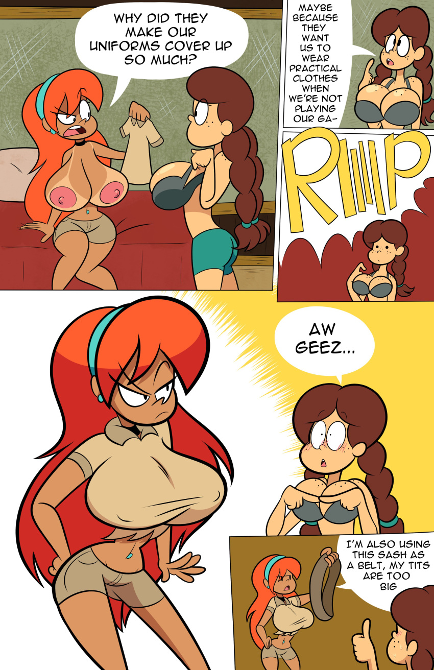 2d 2girls areolae ass belly_button_piercing big_breasts blue_shorts bra breasts_bigger_than_head brown_hair brown_shirt brown_shorts comic earrings headband jamie_(oboithisisfunky) oboithisisfunky orange_hair palm_tree_(oboithisisfunky) ripped_clothing ripped_shirt sash tan_skin tanline thumbs_up twintails