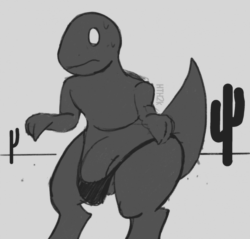 1boy anthro bodily_fluids cactus clothing dick_root dinosaur dinosaur_(google_chrome) genitals google google_chrome hi_res hydethehybrid2000 male male_only monochrome penis reptile scalie solo sweat thong underwear