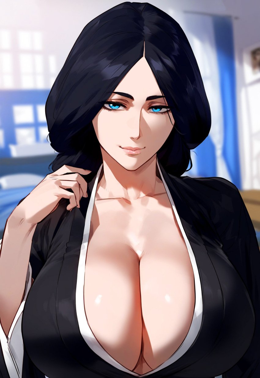 1girls ai_generated bangs black_hair black_kimono bleach bleach:_the_thousand-year_blood_war blue_eyes blurry breasts clavicle cleavage closed_mouth clothing curvaceous curvaceous_female curvaceous_figure curvy curvy_figure female female_focus female_only floxin hand_up haori huge_breasts indoors inviting_to_sex kimono large_breasts lips long_hair long_sleeves looking_at_viewer mature mature_female parted_bangs robe seductive seductive_look seductive_smile smile solo tied_hair traditional_clothes uncensored unohana_retsu upper_body voluptuous voluptuous_female wafuku wide_sleeves