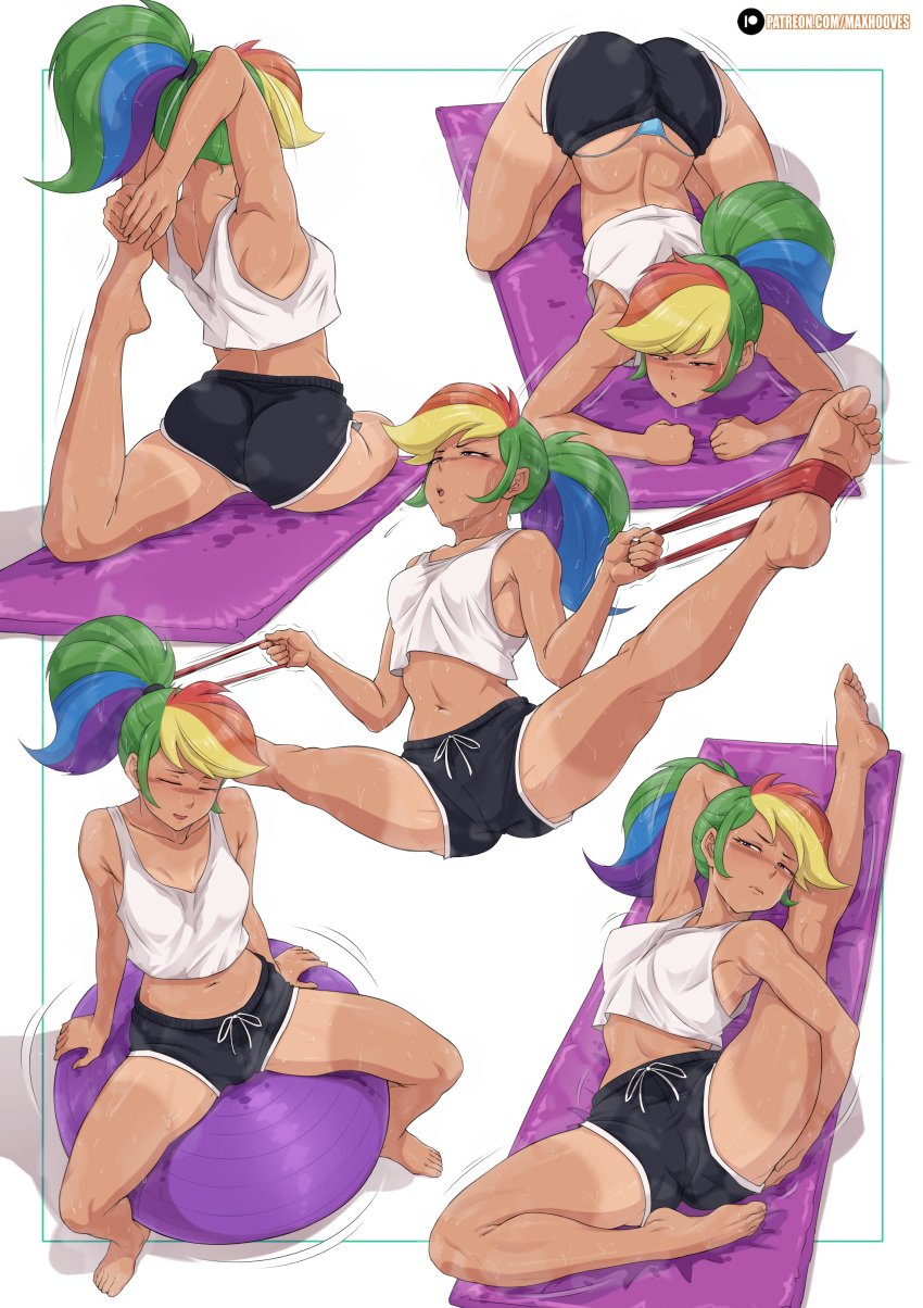 equestria_girls exercise exercise_ball exercise_clothing exercising kotobukiya leg_lift legs_up long_hair maxhooves my_little_pony rainbow_dash_(eg) rainbow_dash_(mlp) rambon7 short_shortss shorts spread_legs sweat sweaty tagme tan tan_body tan_skin tanline thong thong_straps tied_hair