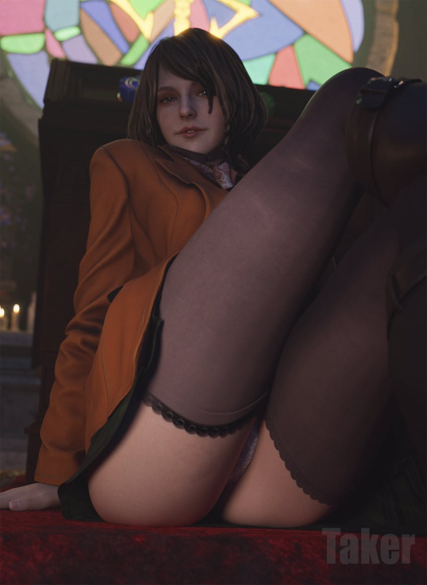 1girls 3d ashley_graham ashley_graham_(ella_freya) blonde_hair female jacket knees_up looking_at_viewer miniskirt panties pantyshot resident_evil resident_evil_4 resident_evil_4_remake sitting skirt stockings tagme takerskiy upskirt