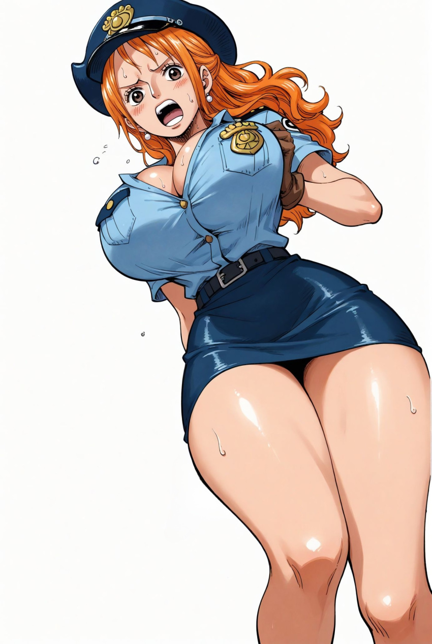 ai_generated alluring big_breasts blush breasts brown_eyes cleavage female female_only kneeling long_hair looking_at_viewer nami nami_(one_piece) one_piece open_mouth orange_hair police_hat police_officer police_uniform policewoman seducing seduction seductive seductive_body seductive_eyes seductive_gaze seductive_look seductive_mouth seductive_pose shiny_hair shiny_skin skirt sweat sweatdrop sweating sweaty sweaty_body voluptuous voluptuous_female yashin