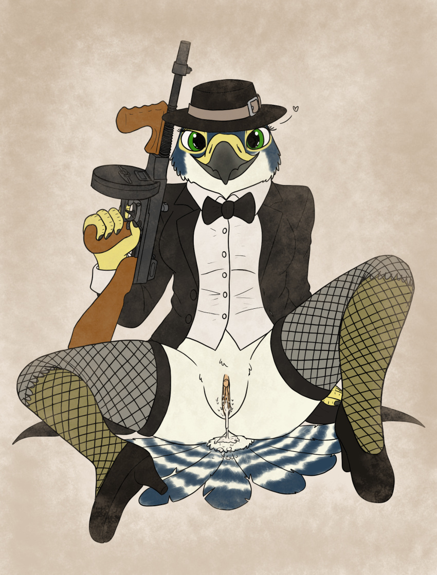 after_sex anthro aroused avian bedroom_eyes bird black_tie_(suit) bodily_fluids bottomless bow_tie casual classy clothed clothing cum cum_in_pussy cum_inside cum_on_tail falcon falconid fedora female firearm fish_birb fishnet footwear genital_fluids genitals gun hat headgear headwear hi_res high_heels katie_(fish_birb) legwear looking_at_viewer narrowed_eyes no_underwear outerwear peregrine_falcon presenting presenting_pussy pussy ranged_weapon rifle seductive solo spread_legs spreading stockings submachine_gun suit thompson_submachine_gun weapon