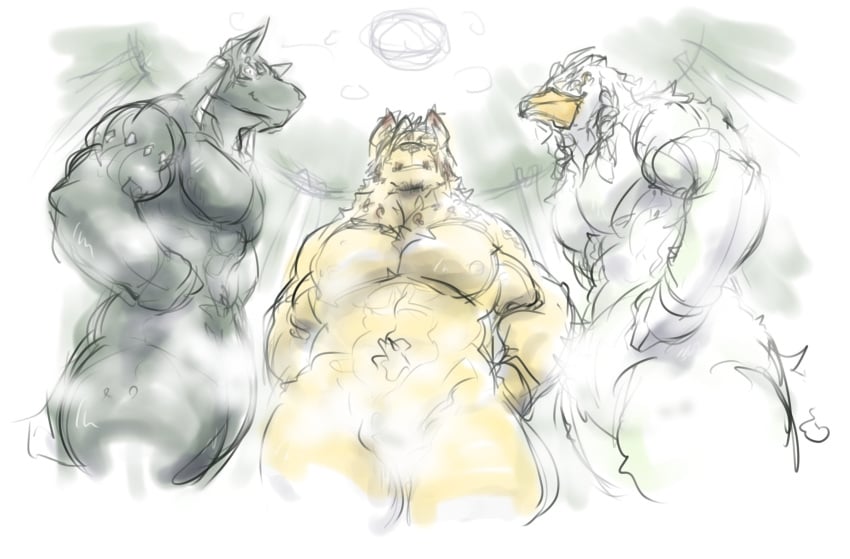 2021 abs another_eidos_of_dragon_vein_r anthro anubian_jackal avian beak biceps biped black_body black_fur caffeinecanine canid canine canis colored feathers fur group hi_res jackal jalam_(anothereidos_r) male mammal muscular muscular_anthro muscular_male muscular_thighs nipples nude pecs pubes tan_body tan_fur white_body white_feathers wolf yabsakha_(anothereidos_r) yellow_beak zacharoff_(anothereidos_r)